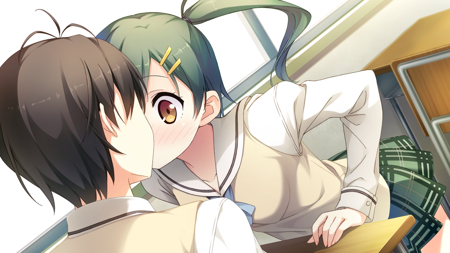 blush, brown_eyes, cube, enomoto_kaho, game_cg, green_hair, kantoku, kiss