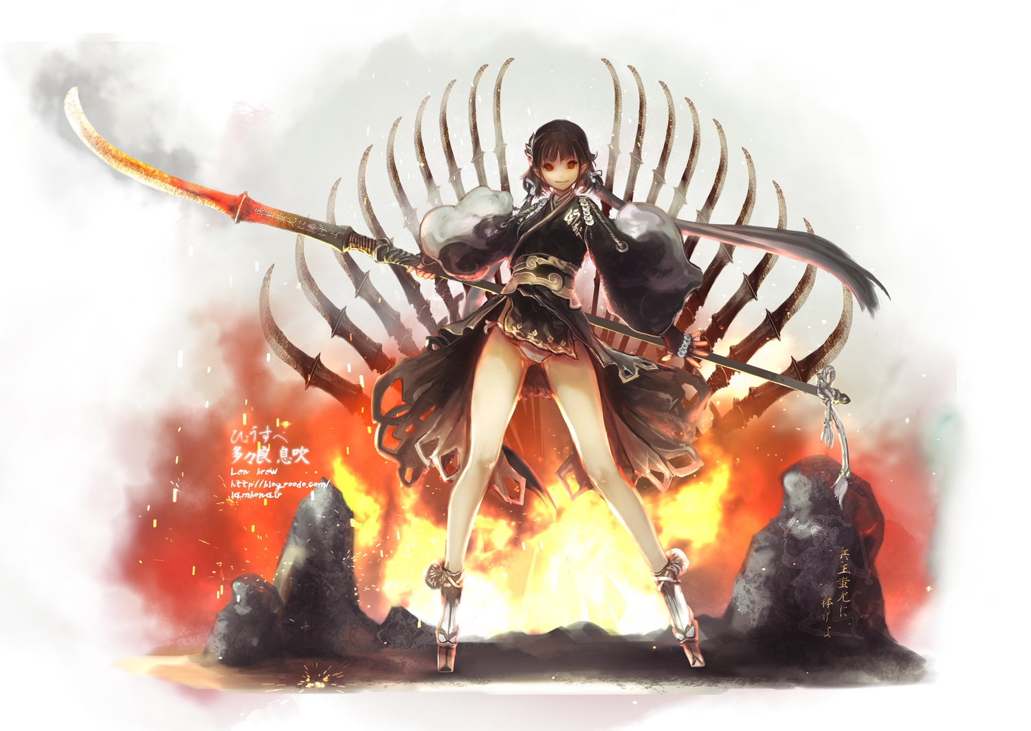 dress, fire, japanese_clothes, len_brew, long_hair, original, panties, red_eyes