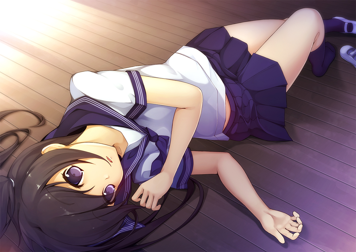 black_hair, kneehighs, kurenai_musume, original, purple_eyes, school_uniform, skirt