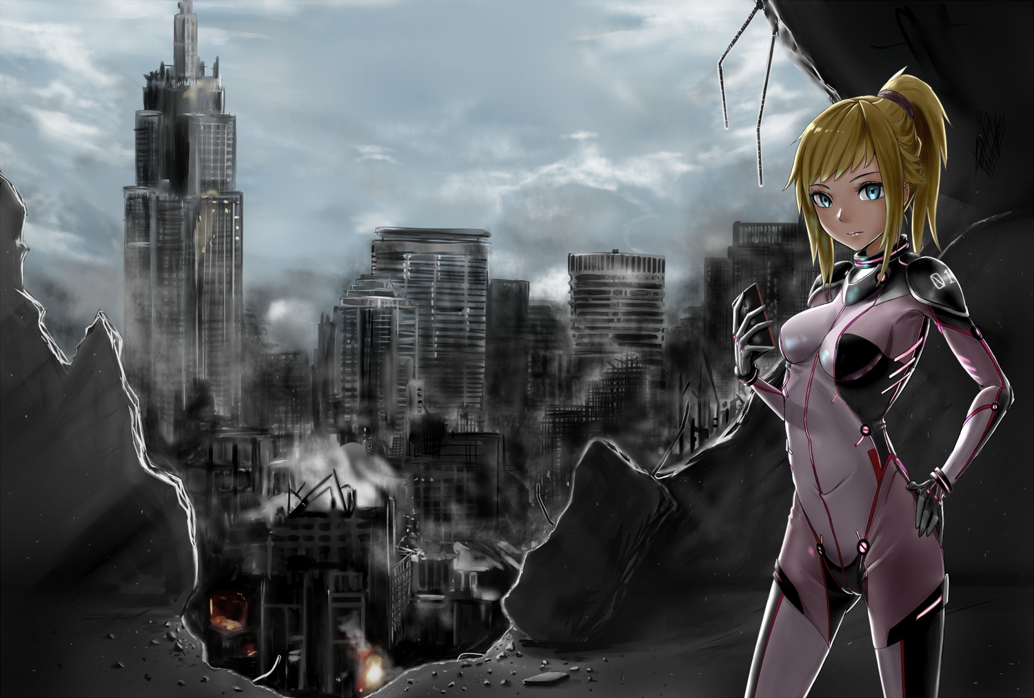 blonde_hair, blue_eyes, bodysuit, building, city, gundam_build_fighters, gundam_(series), hoshino_fumina, mobile_suit_gundam, phone, ponytail, ruins, shijiu_(adamhutt), short_hair, skintight