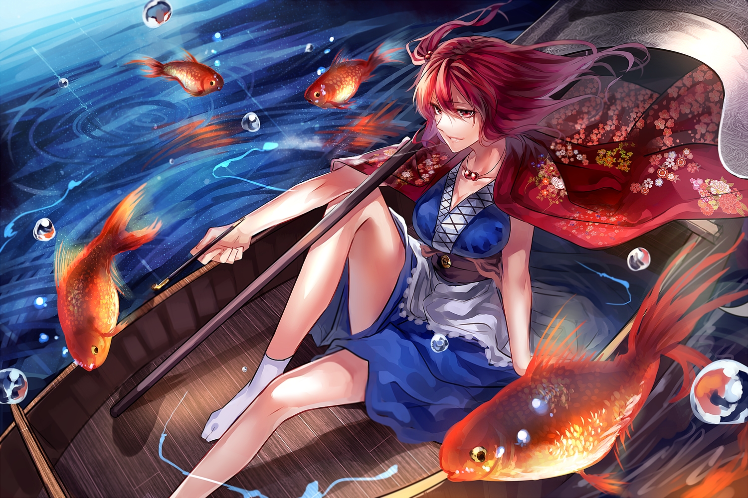 animal, boat, breasts, cleavage, dress, fish, necklace, onozuka_komachi, red_eyes, red_hair, scythe, short_hair, smoking, socks, touhou, uu_uu_zan, water, weapon