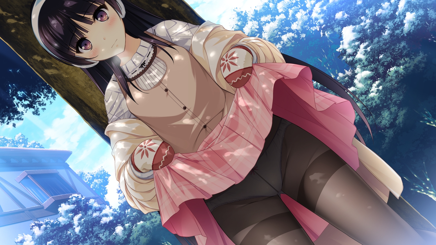 black_hair, blush, game_cg, gloves, habane_kotori, kono_oozora_ni_tsubasa_wo_hirogete, long_hair, pantyhose