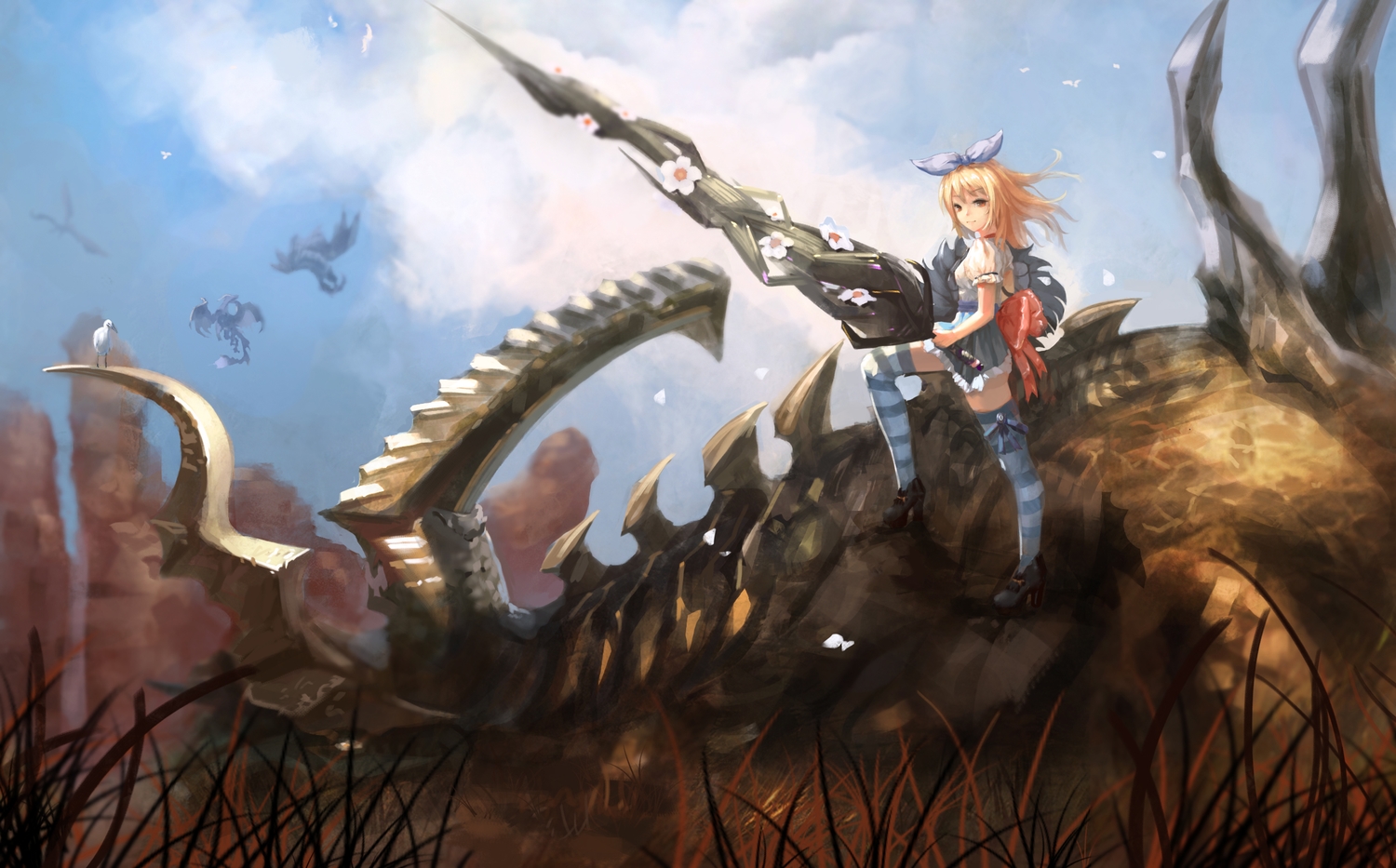 animal, bird, blonde_hair, bones, bow, elin, grass, long_hair