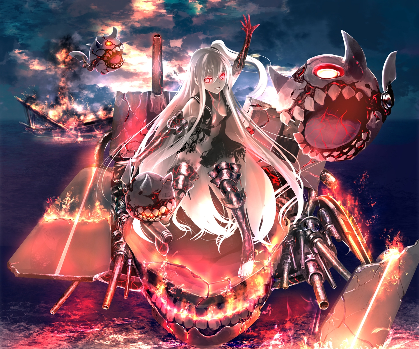 aircraft_carrier_hime, anthropomorphism, clouds, fire, kantai_collection, kouji_(astral_reverie), long_hair, pink_eyes