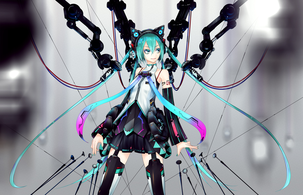 ajigo, aqua_eyes, aqua_hair, hatsune_miku, headphones, long_hair, microphone, skirt