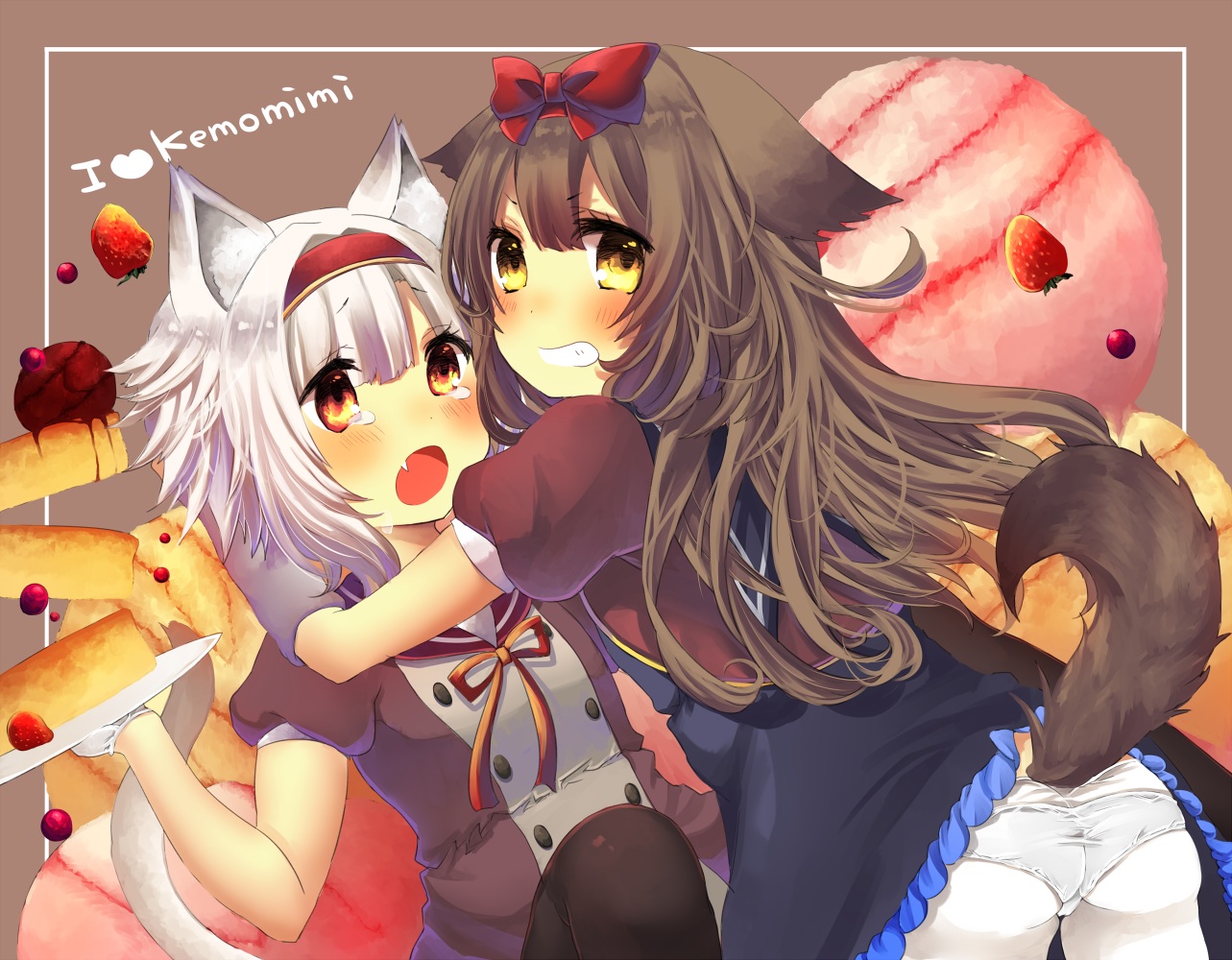 2girls, animal_ears, ass, blush, bow, catgirl, doggirl, food, fruit, gloves, gray_hair, orange_eyes, original, panties, pantyhose, short_hair, sikinoyukinnko, strawberry, tail, tears, underwear, yellow_eyes
