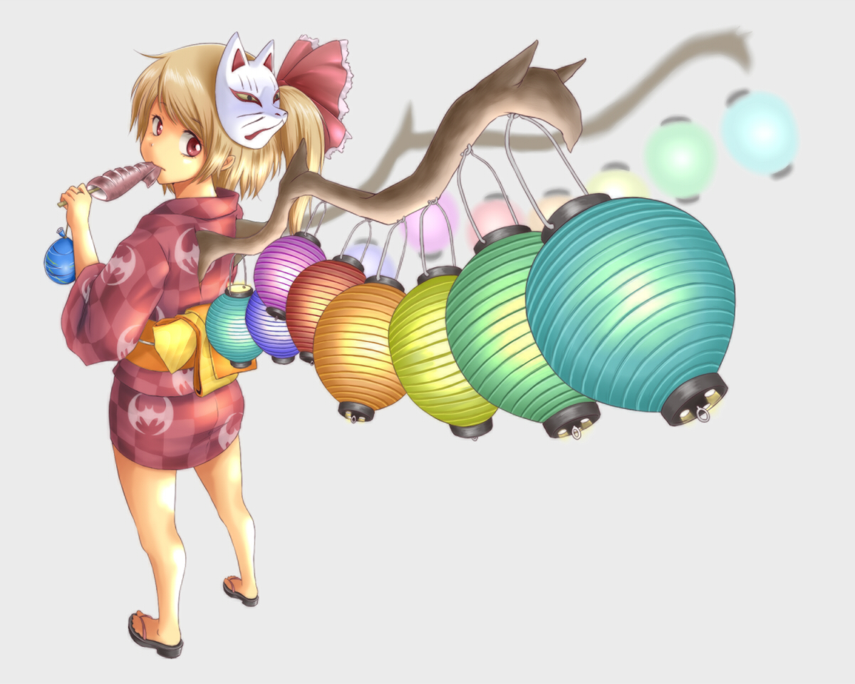ao_usagi, blonde_hair, flandre_scarlet, food, japanese_clothes, long_hair, mask, pointed_ears
