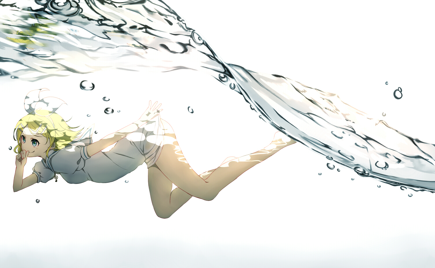 blonde_hair, blue_eyes, bubbles, fumio_(kanmi), headband, kagamine_rin, short_hair, underwater