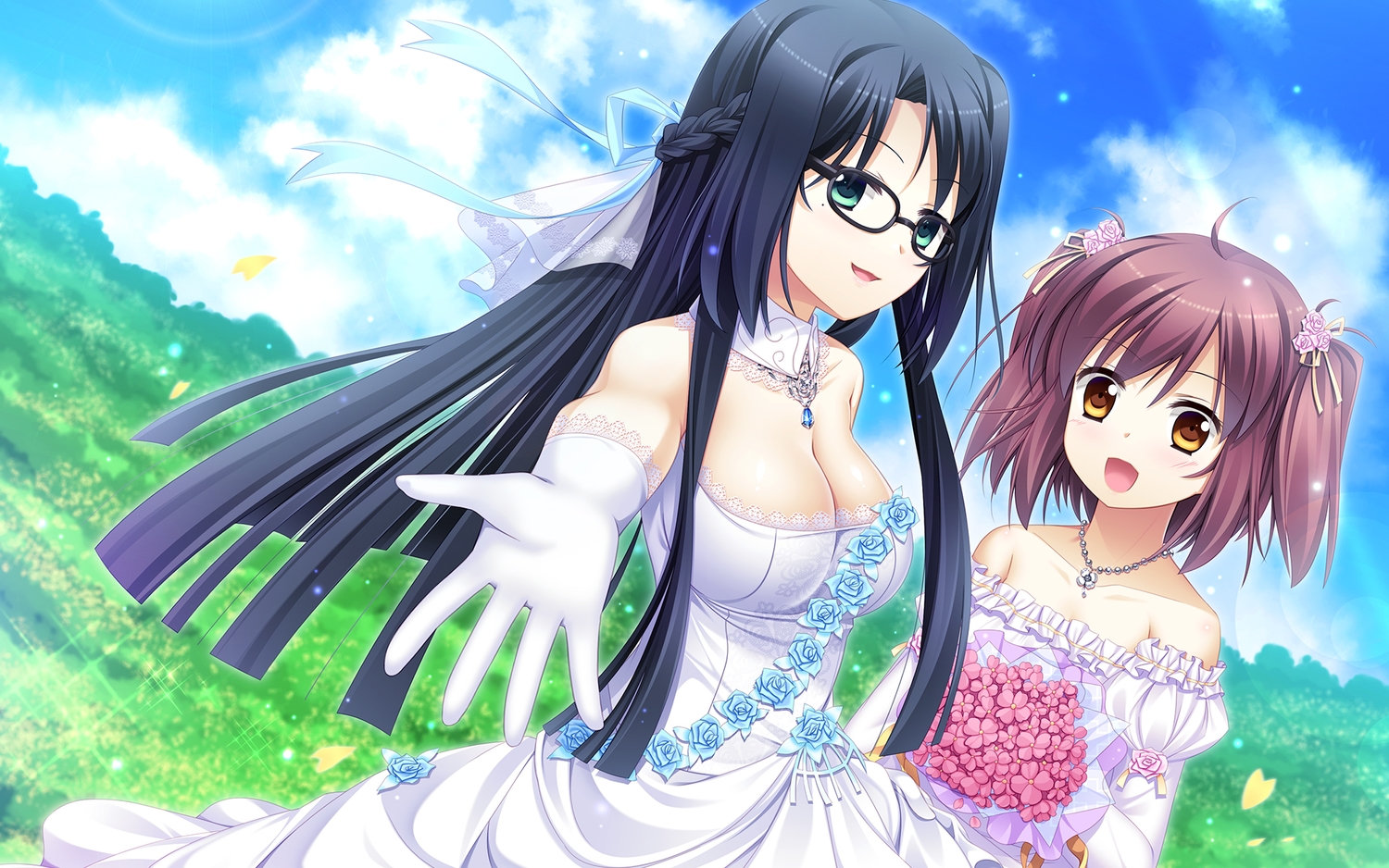 33paradox, black_hair, braids, brown_hair, clouds, flowers, glasses, gloves