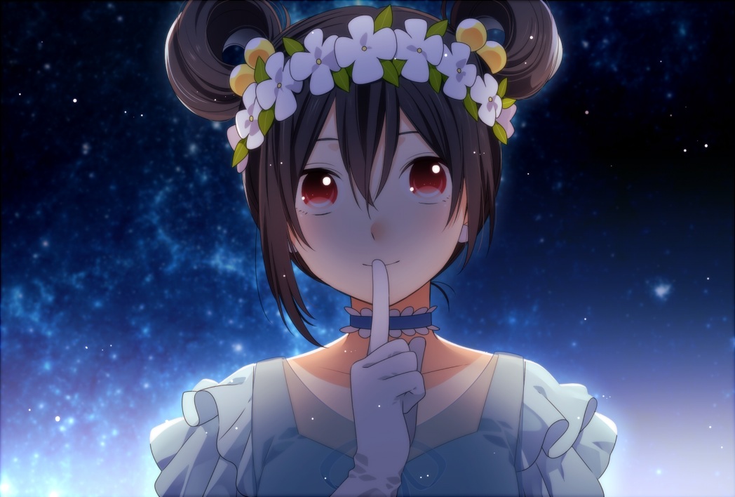 akitsuki_(akiduko), black_hair, choker, flowers, gloves, love_live!_school_idol_project, red_eyes, short_hair