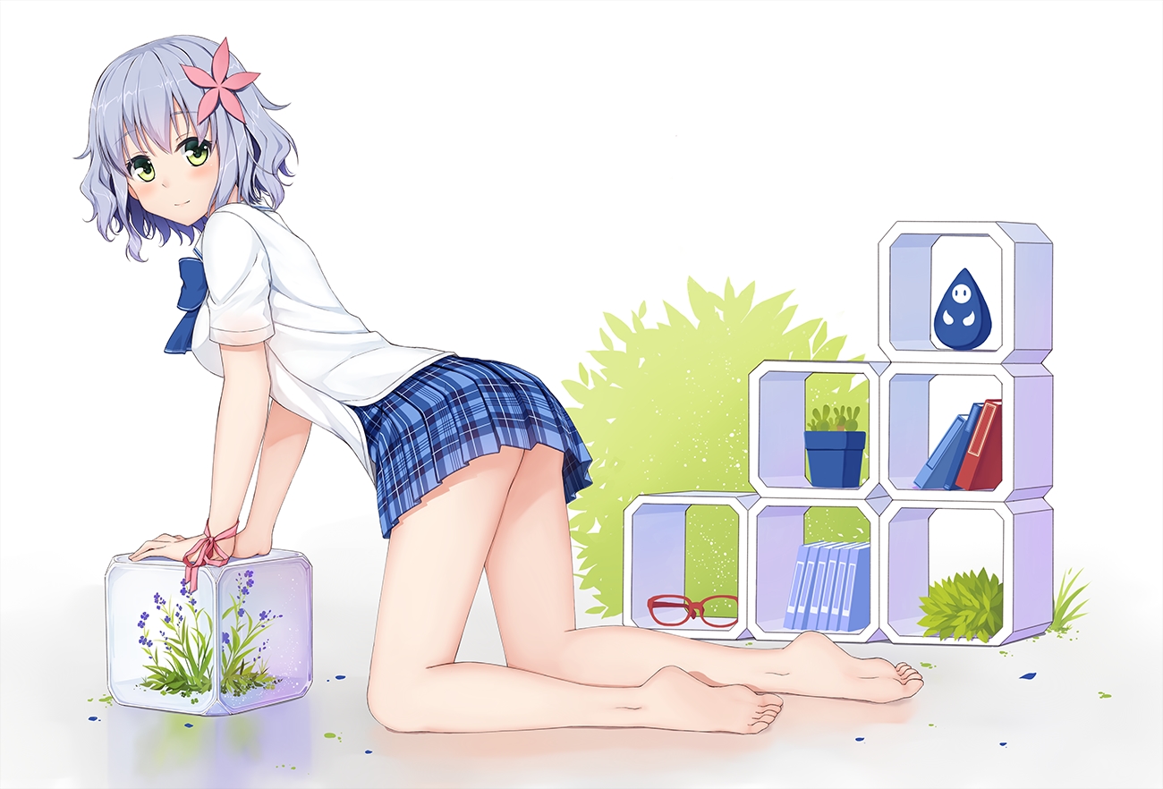 amagi_brilliant_park, barefoot, book, flowers, glasses, gray_hair, green_eyes, muse_(amagi_brillant_park), ribbons, school_uniform, skirt, terras