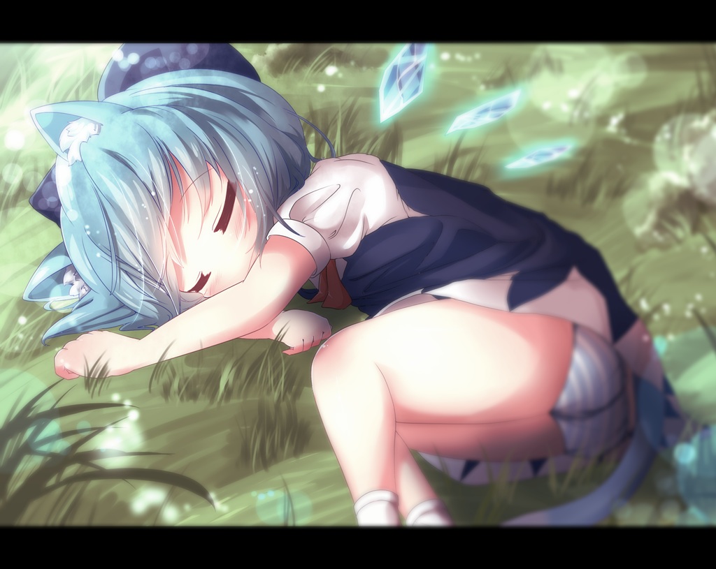 akisha, animal_ears, ass, blue_hair, catgirl, cirno, fairy, grass, loli, panties, short_hair, sleeping, socks, striped_panties, tail, touhou, underwear, wings