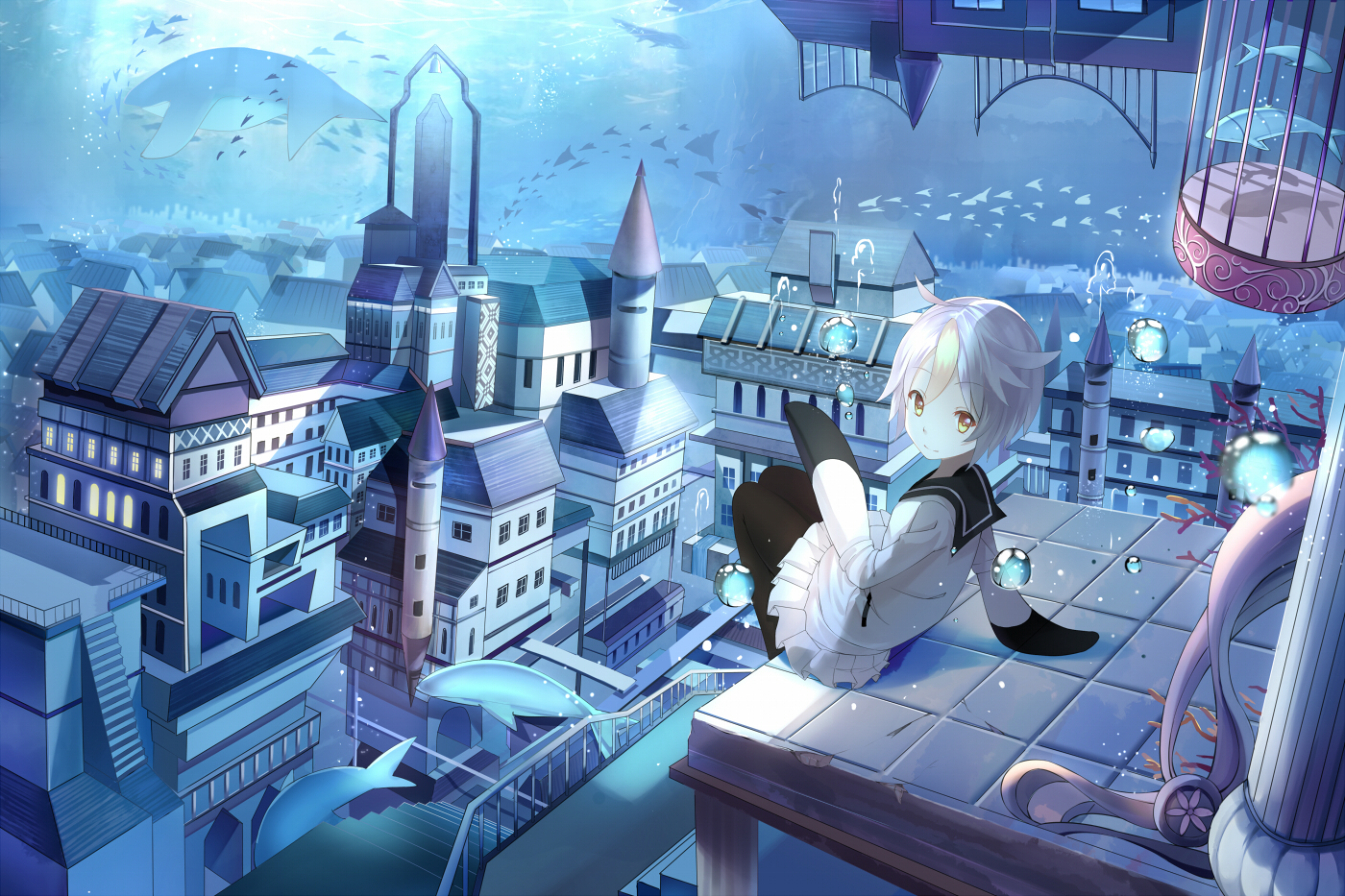 animal, bubbles, building, cage, city, fish, memoca, pantyhose, school_uniform, short_hair, underwater, wadanohara_and_the_great_blue_sea, water, white_hair, yellow_eyes, yeluno_meng