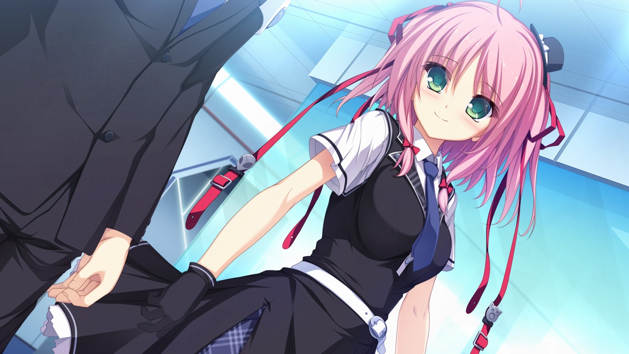 game_cg, g.i.b._girls_in_black, green_eyes, kurokawa_yukano, pink_hair, school_uniform, tenmaso, tie