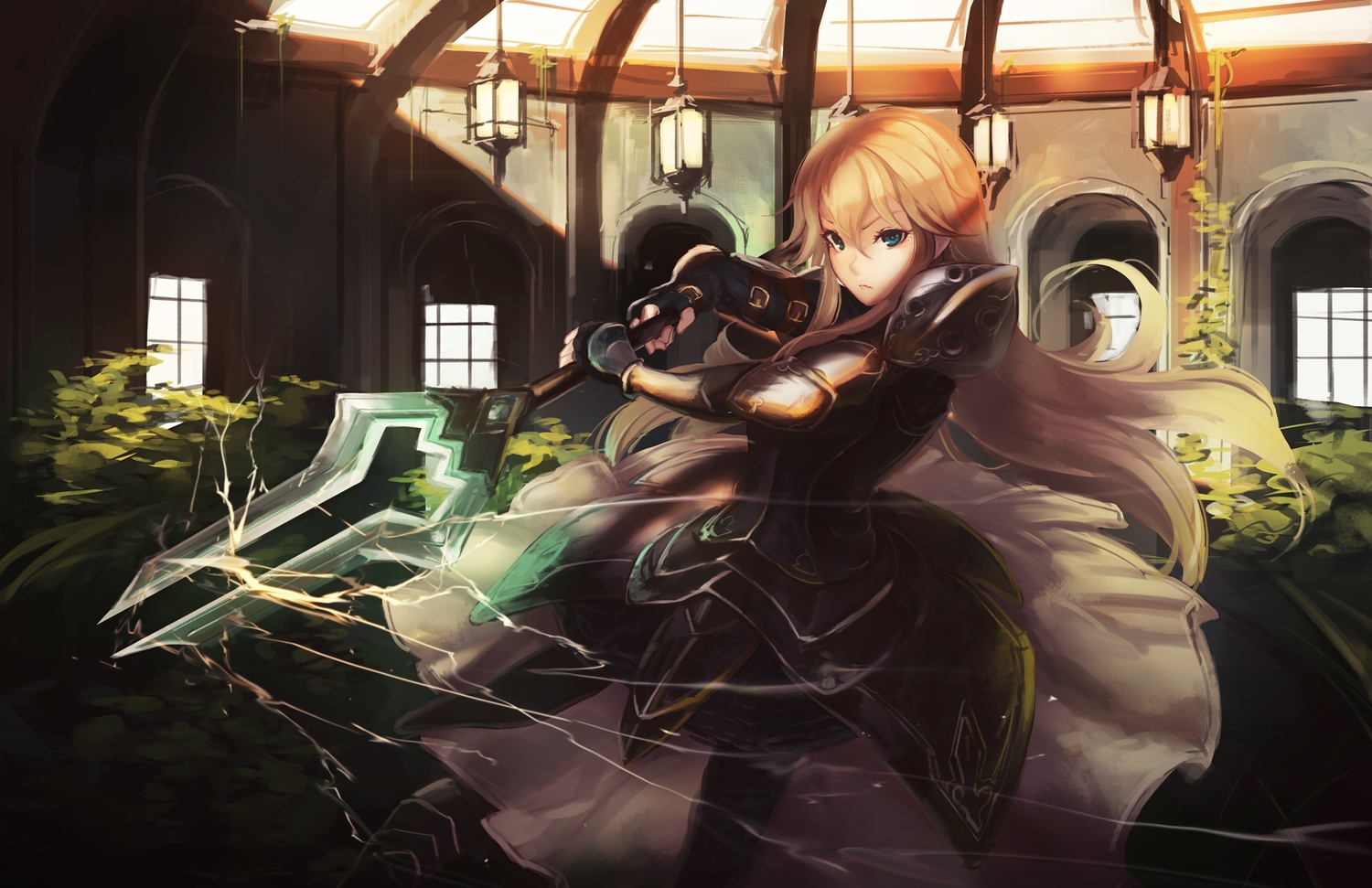 armor, blonde_hair, blue_eyes, doomfest, long_hair, weapon