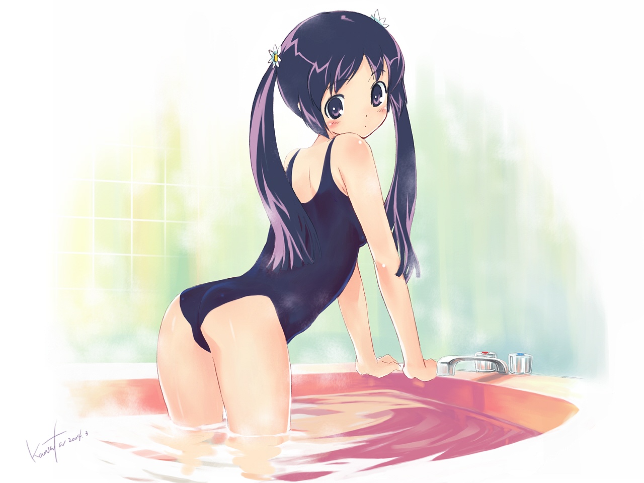 bath, kawata_hisashi, mizuki_mana, school_swimsuit, swimsuit, twintails, white_album