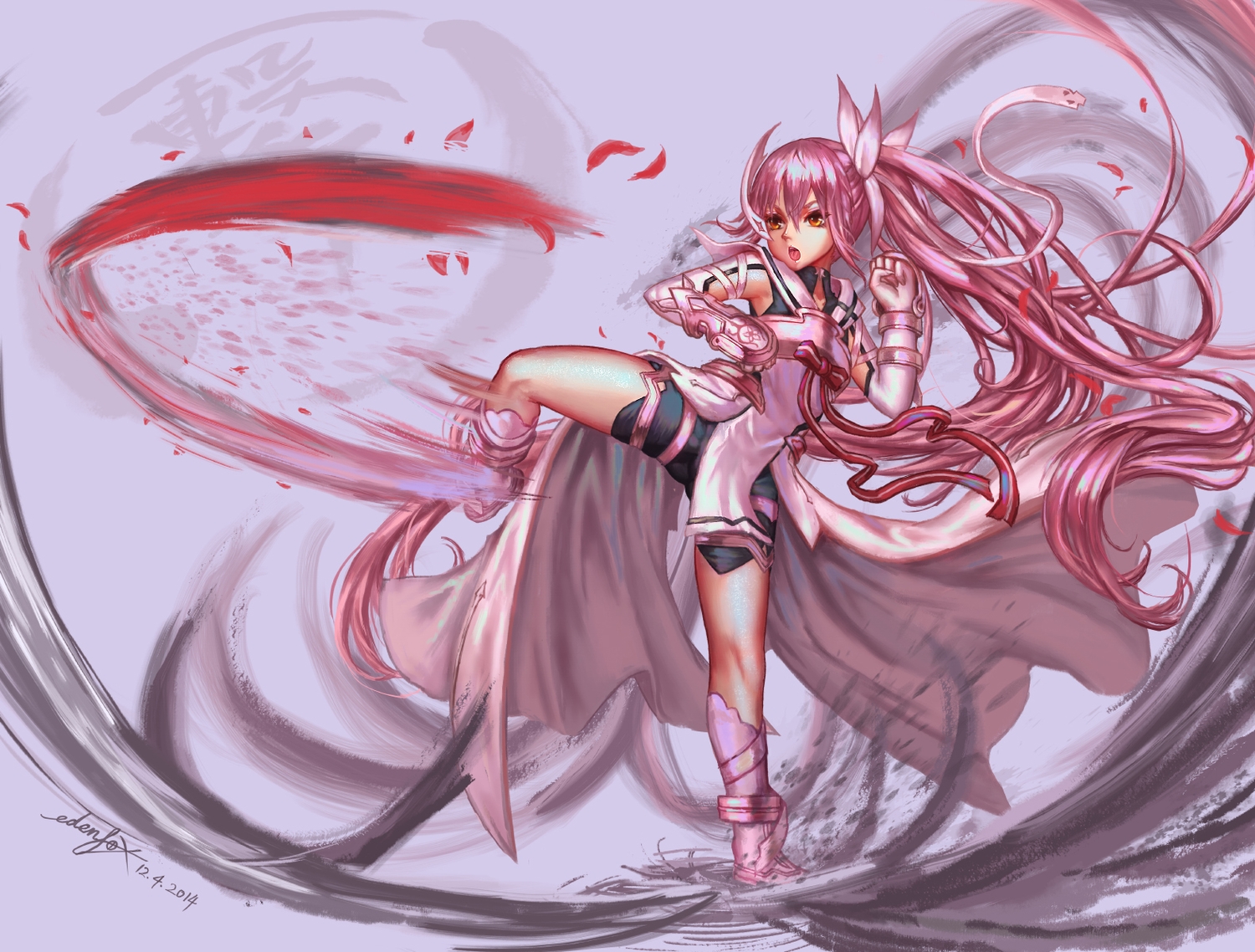 cape, edenfox, kick, kneehighs, long_hair, orange_eyes, pink_hair, ribbons