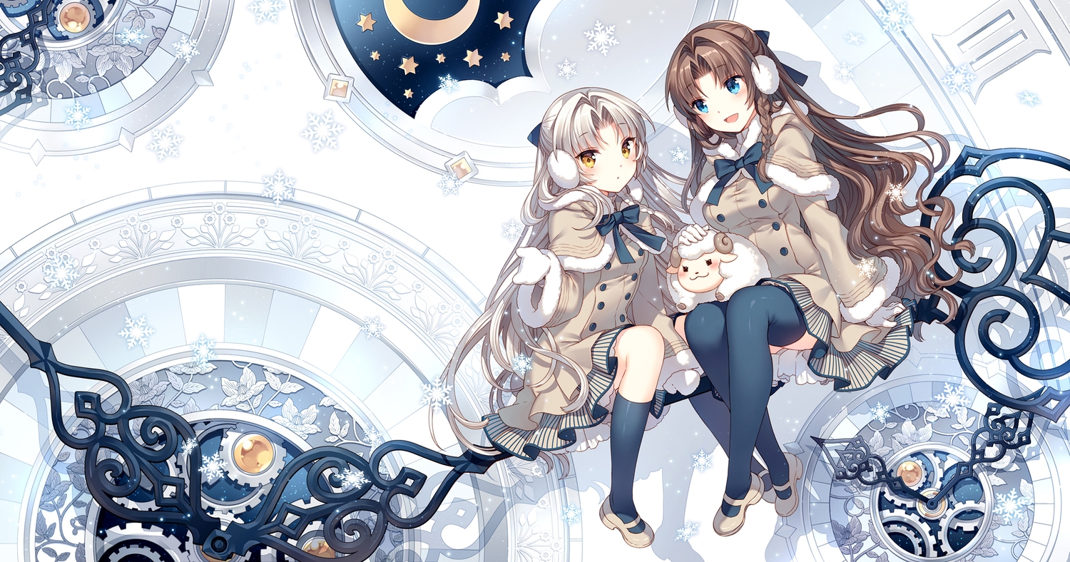2girls, animal, aqua_eyes, braids, brown_hair, kneehighs, long_hair, nardack