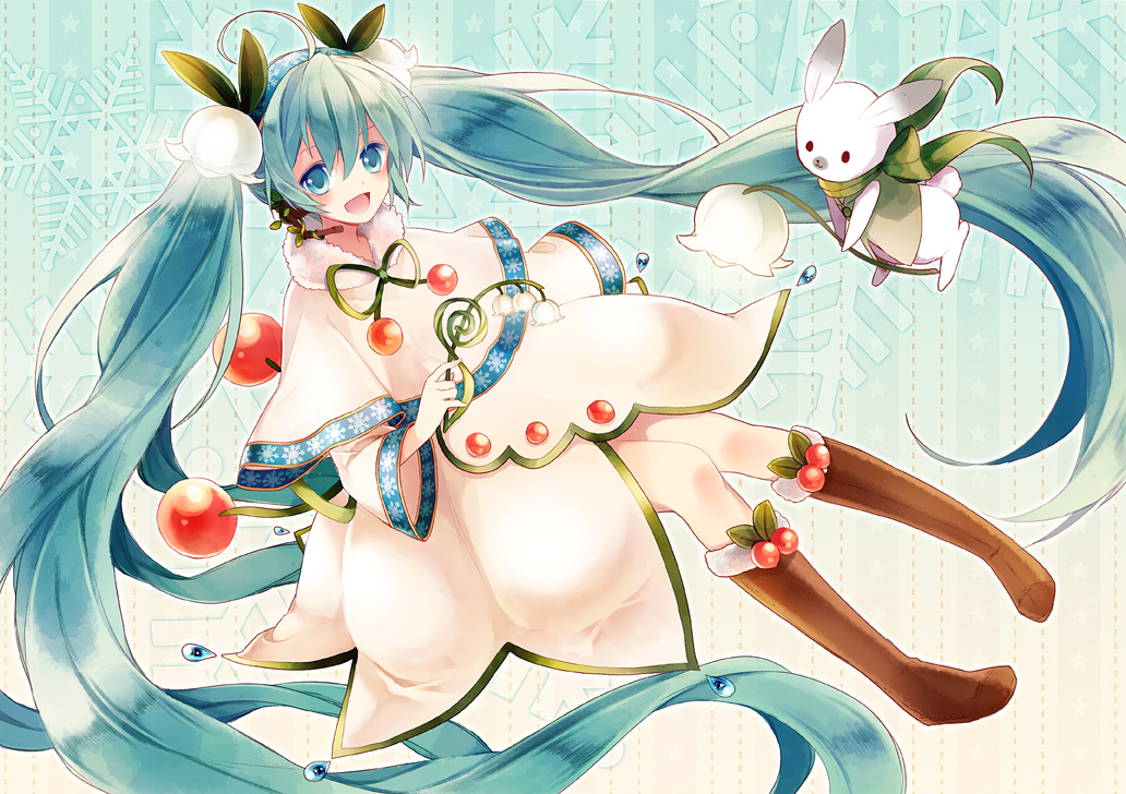 animal, aqua_eyes, aqua_hair, boots, bow, flowers, hatsune_miku, kneehighs
