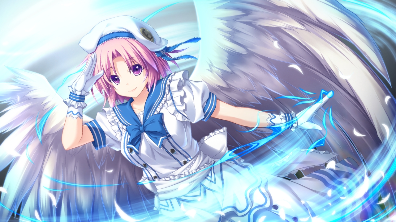 bow, eushully, game_cg, gloves, ikusa_megami, magic, pink_hair, purple_eyes