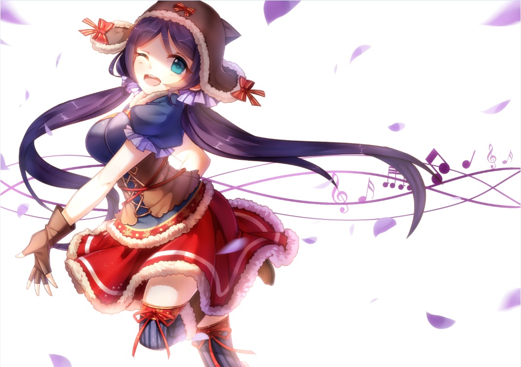 blue_hair, gloves, kan_(rainconan), long_hair, love_live!_school_idol_project, music, skirt, toujou_nozomi, twintails, wink