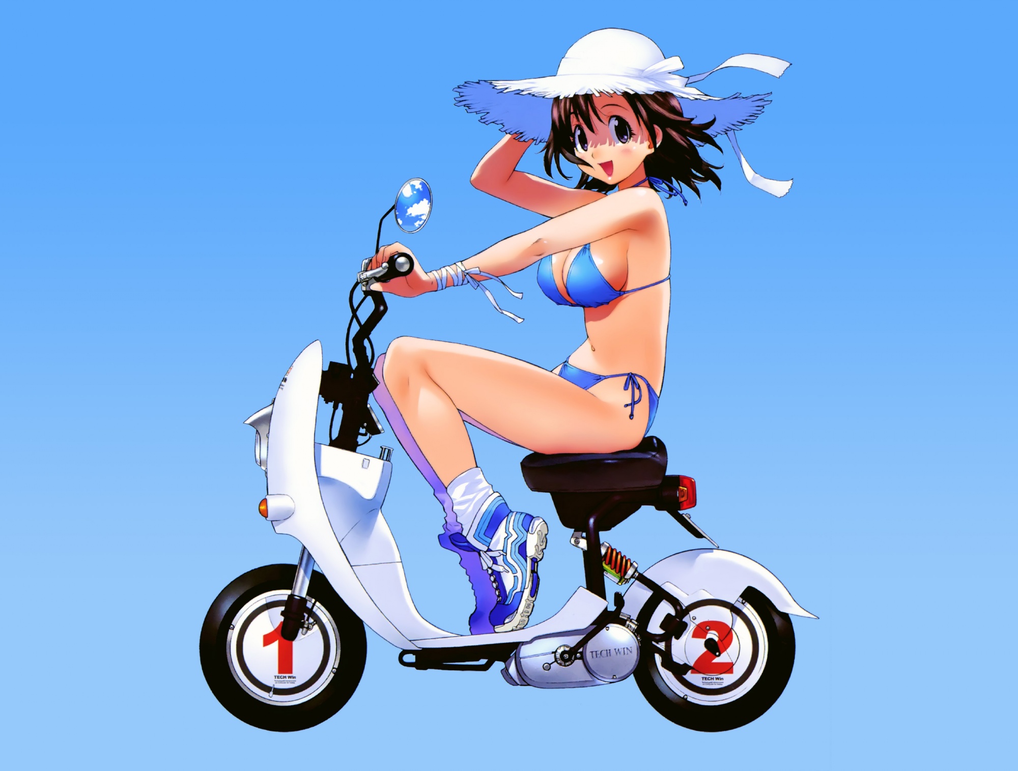 bikini, black_eyes, blue, brown_hair, hat, motorcycle, navel, short_hair, socks, swimsuit, wristwear, yoshizaki_mine