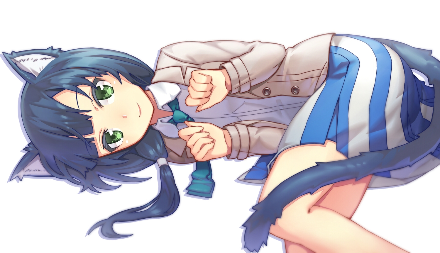 animal_ears, blue_hair, catgirl, green_eyes, kibamigohann, long_hair, shirobako, skirt
