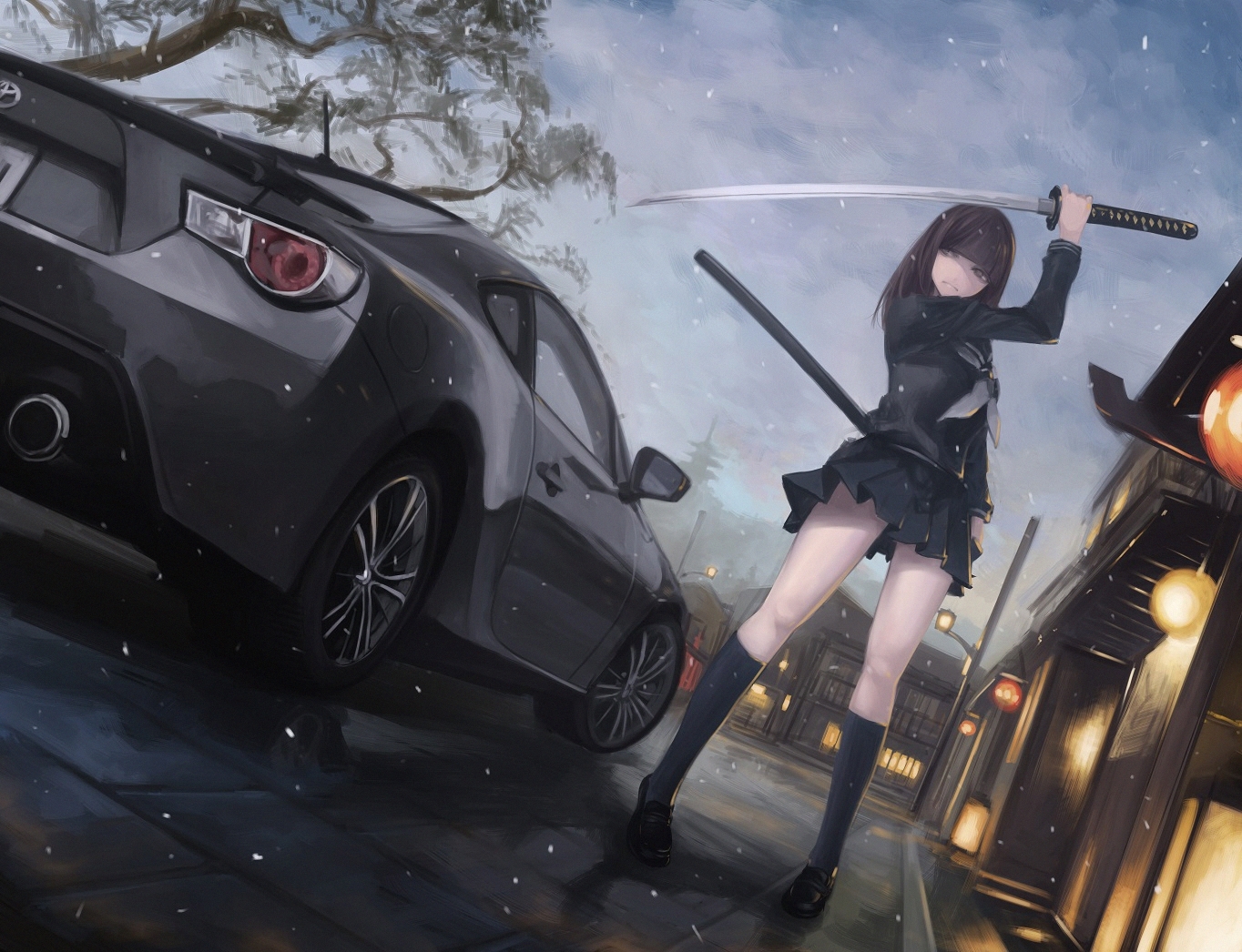 brown_eyes, building, car, katana, kneehighs, koh_(minagi_kou), long_hair, original