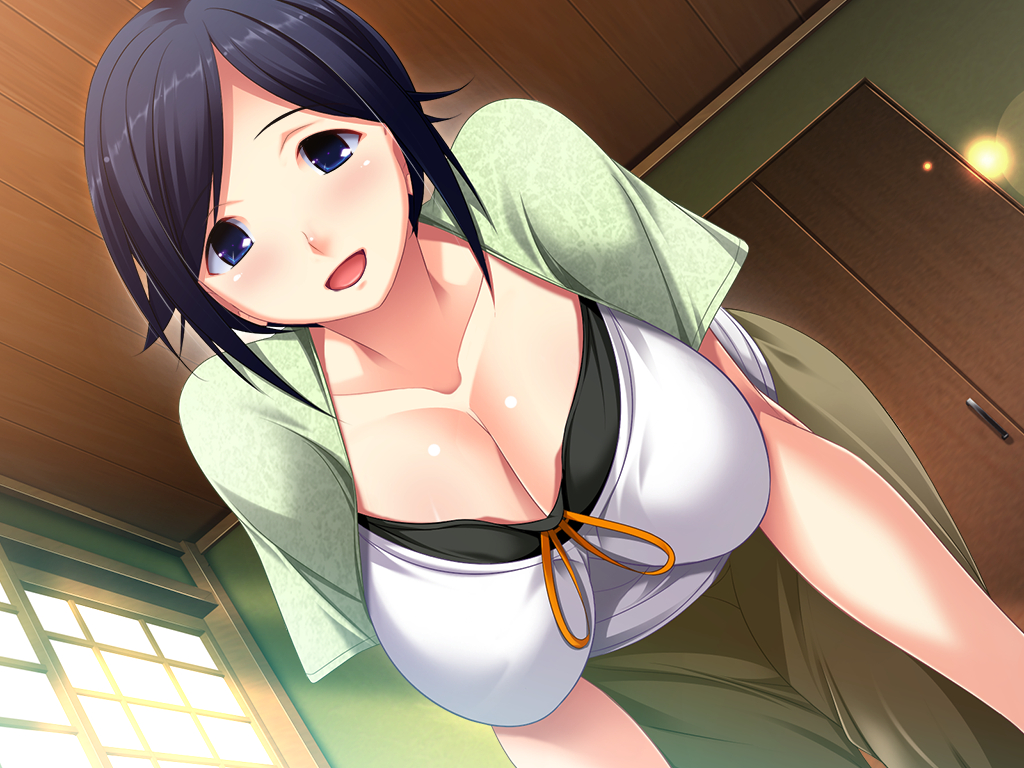 aoba_misato, black_hair, blue_eyes, boot_up!, breasts, cleavage, game_cg, hani_tsuma, shinonome_kazuhiko