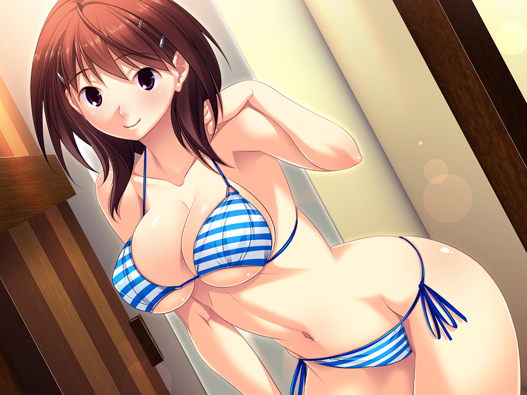 boot_up!, breasts, brown_hair, cleavage, game_cg, hani_tsuma, ikoma_aoi, navel, pink_eyes, shinonome_kazuhiko, underboob