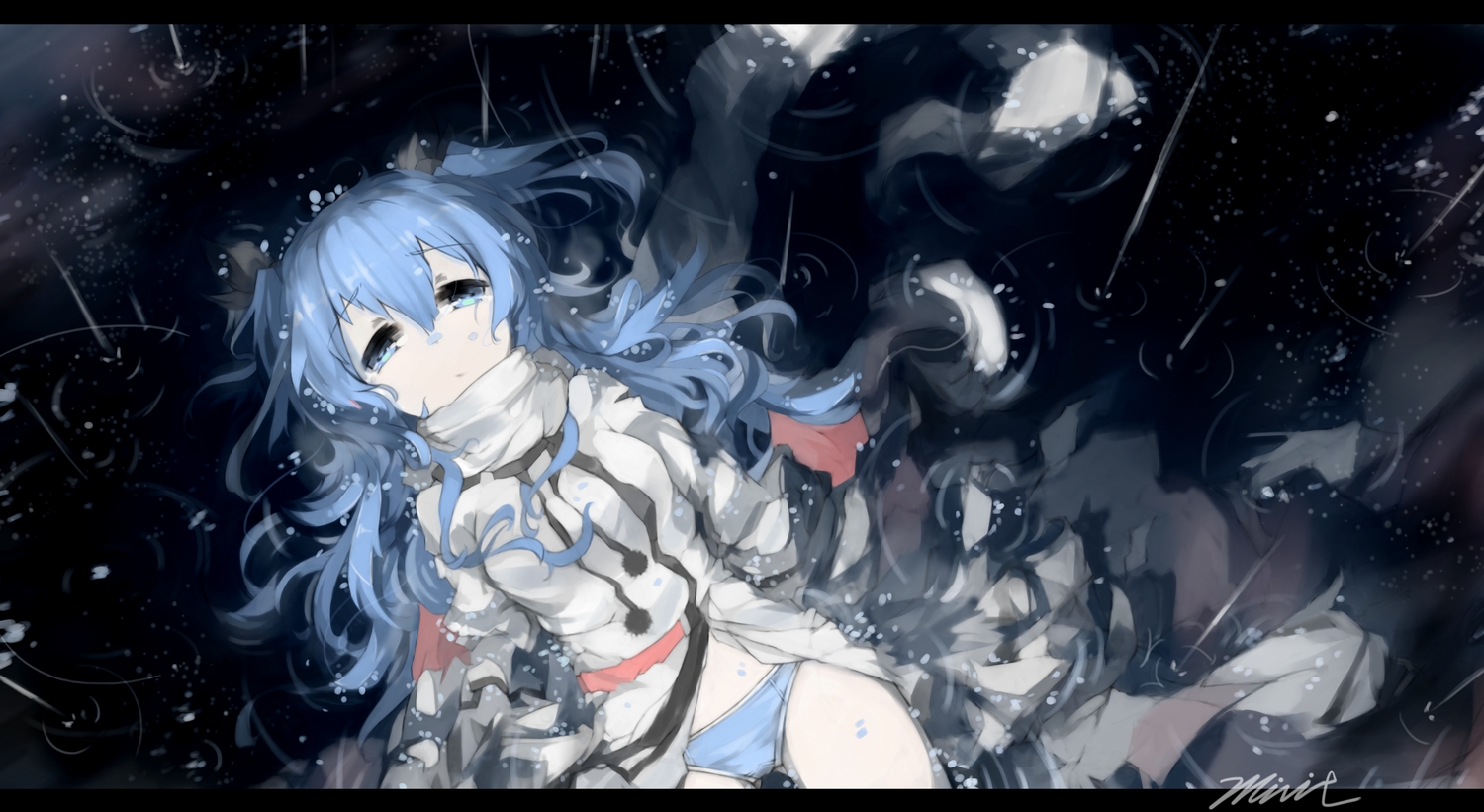 blue_eyes, blue_hair, long_hair, miv4t, noel_(sora_no_method), panties, rain, signed