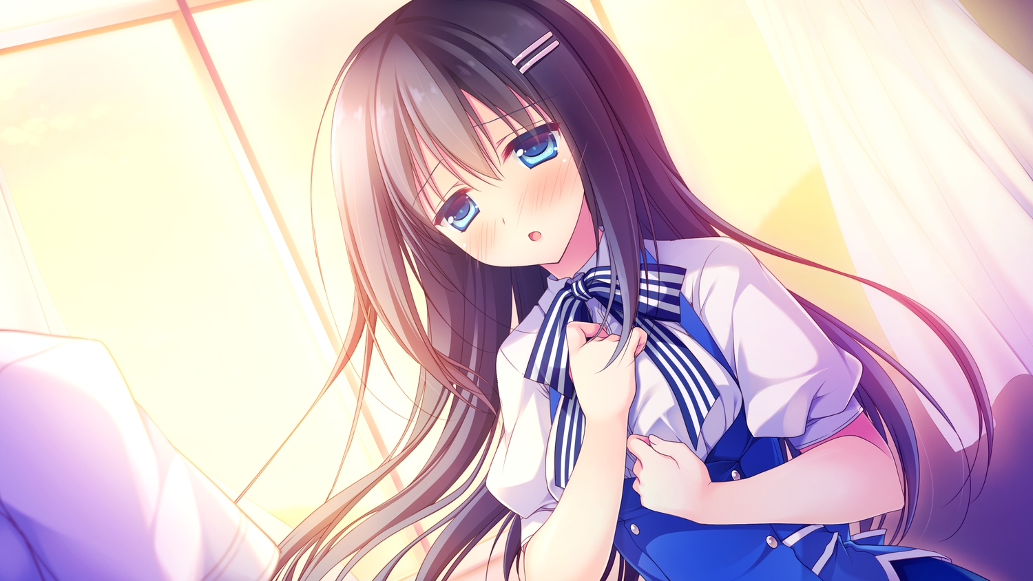 alcot, alcot_honey_comb, black_hair, blue_eyes, blush, bow, game_cg, hoshino_nagisa