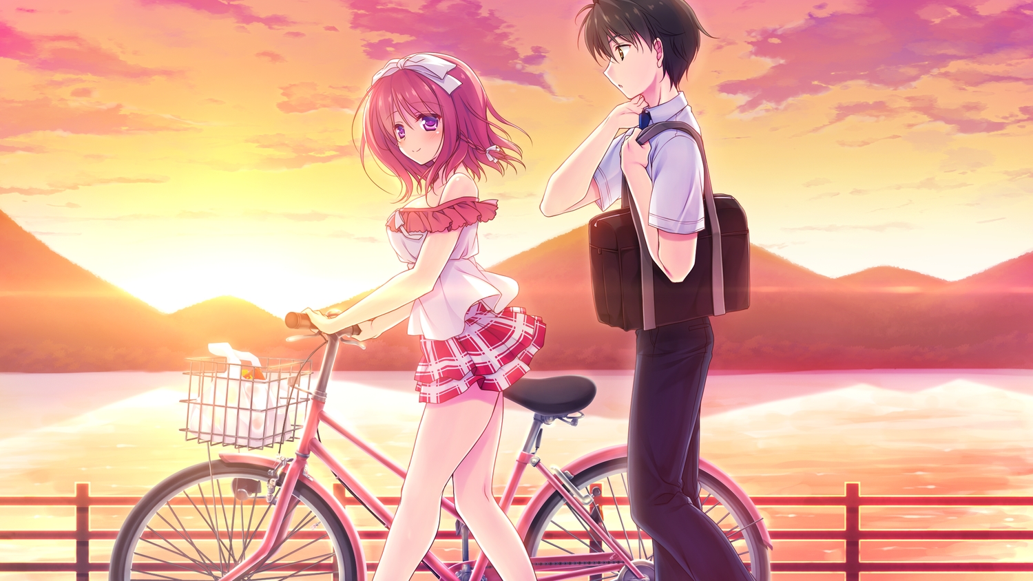 alcot, alcot_honey_comb, bicycle, braids, brown_hair, clouds, game_cg, kimi_no_tonari_de_koishiteru!