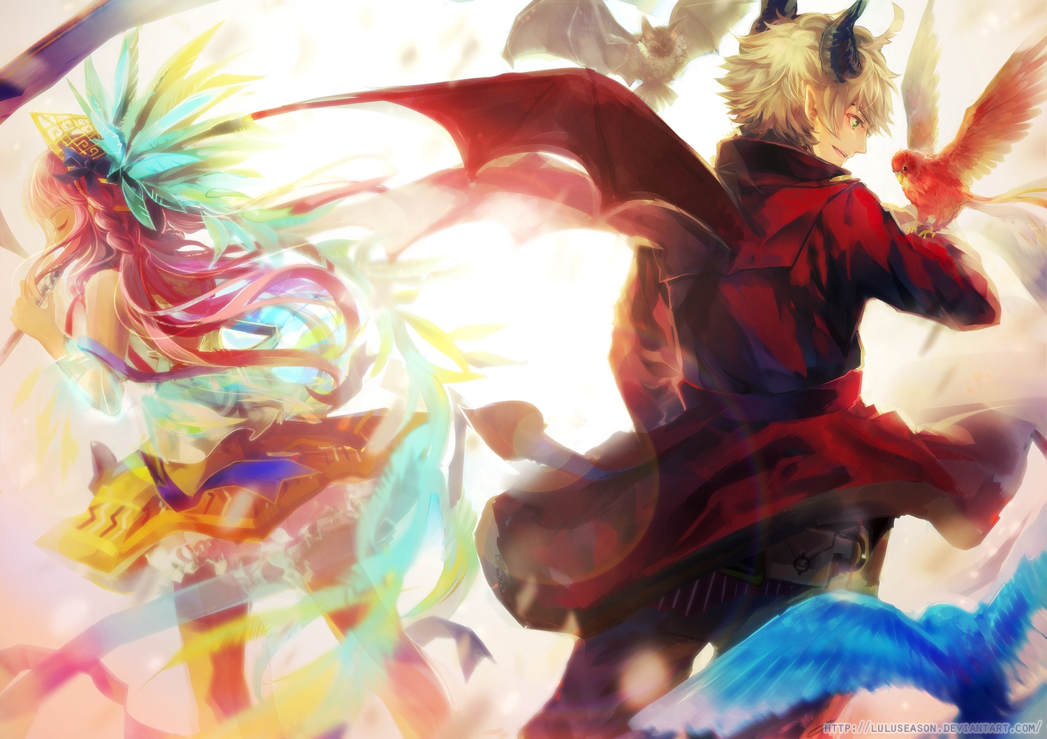 animal, bat, bird, blonde_hair, braids, green_eyes, horns, long_hair