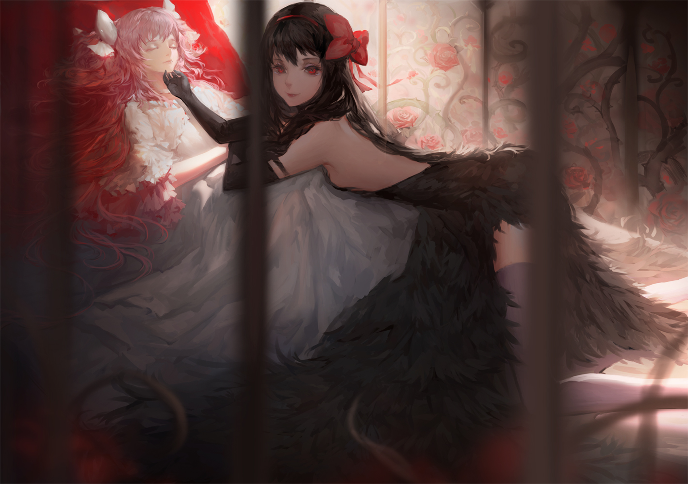 2girls, akemi_homura, akuma_homura, black_hair, blackrabbitsoul, bow, dress, elbow_gloves