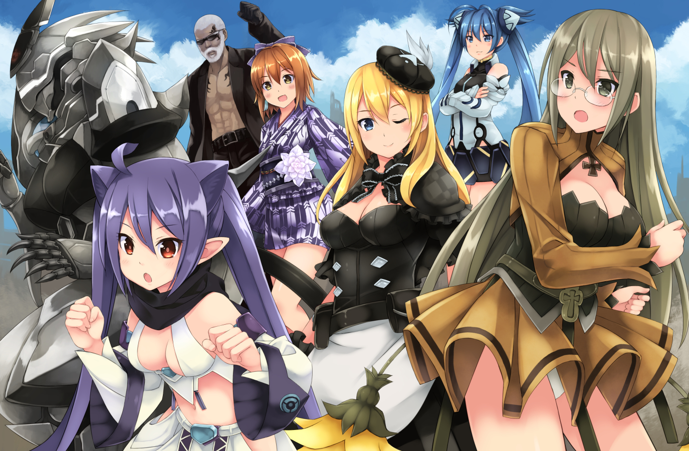 akemiho_tabi_nikki, animal_ears, blonde_hair, blue_eyes, blue_hair, blush, bow, breasts