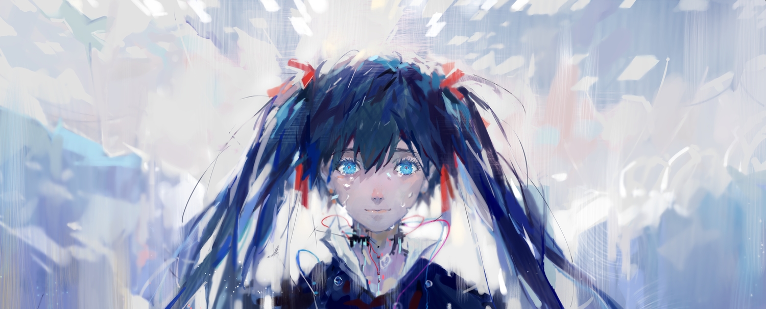 aqua_hair, blue_eyes, hatsune_miku, long_hair, tang_elen, tears, twintails, vocaloid