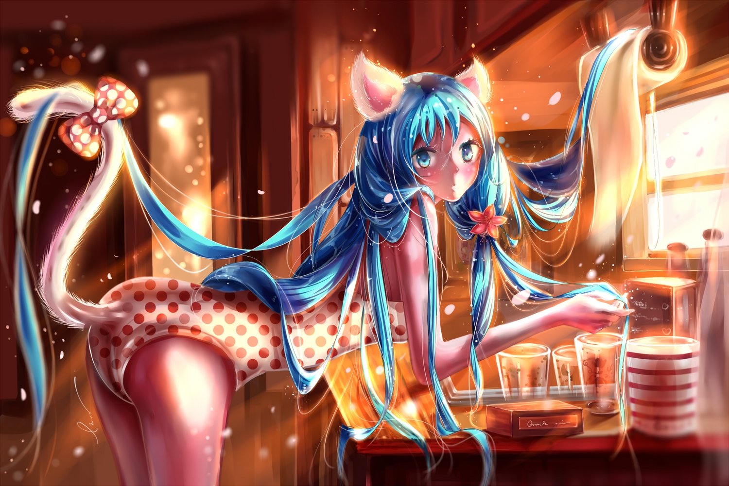 animal_ears, aqua_eyes, aqua_hair, blush, bow, catgirl, hatsune_miku, koma-m, long_hair, tail, vocaloid