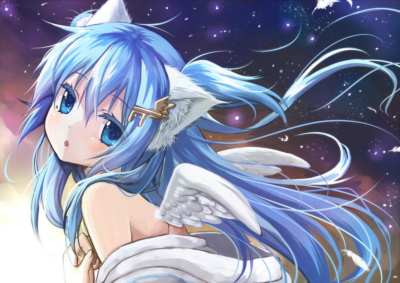 animal_ears, aqua_eyes, aqua_hair, catgirl, mitsuki, original, wings