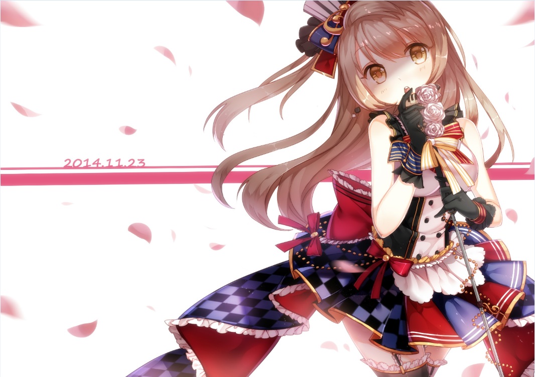 brown_eyes, brown_hair, flowers, garter_belt, gloves, kan_(rainconan), love_live!_school_idol_project, microphone, minami_kotori, petals, rose, skirt, stockings, thighhighs