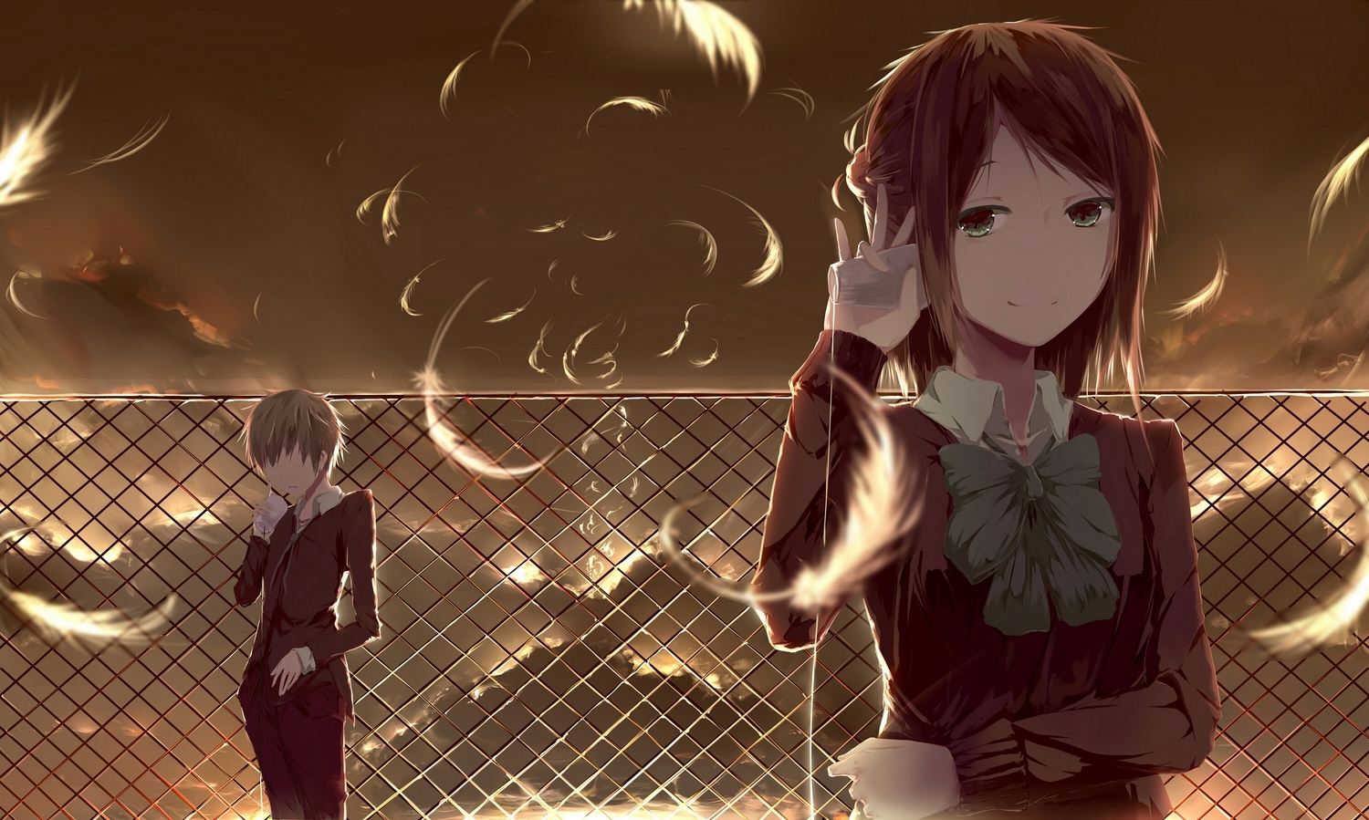 bow, brown_hair, clouds, feathers, fujimiya_kaori, green_eyes, hase_yuuki, isshuukan_friends, lilikou, male, school_uniform, short_hair, sky