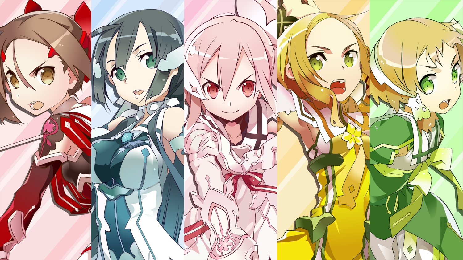 black_hair, bodysuit, brown_eyes, brown_hair, bunbun, dress, green_eyes, group