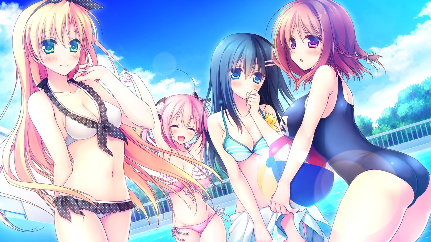 alcot, alcot_honey_comb, ass, bikini, blonde_hair, blue_eyes, blue_hair, blush, braids, breasts, brown_hair, chibana_ryouka, cleavage, clouds, game_cg, green_eyes, group, hoshino_nagisa, kimi_no_tonari_de_koishiteru!, komatsu_rina, long_hair, motomiya_mitsuki, navel, pink_hair, pool, purple_eyes, school_swimsuit, sekiya_megumi, short_hair, swimsuit, water