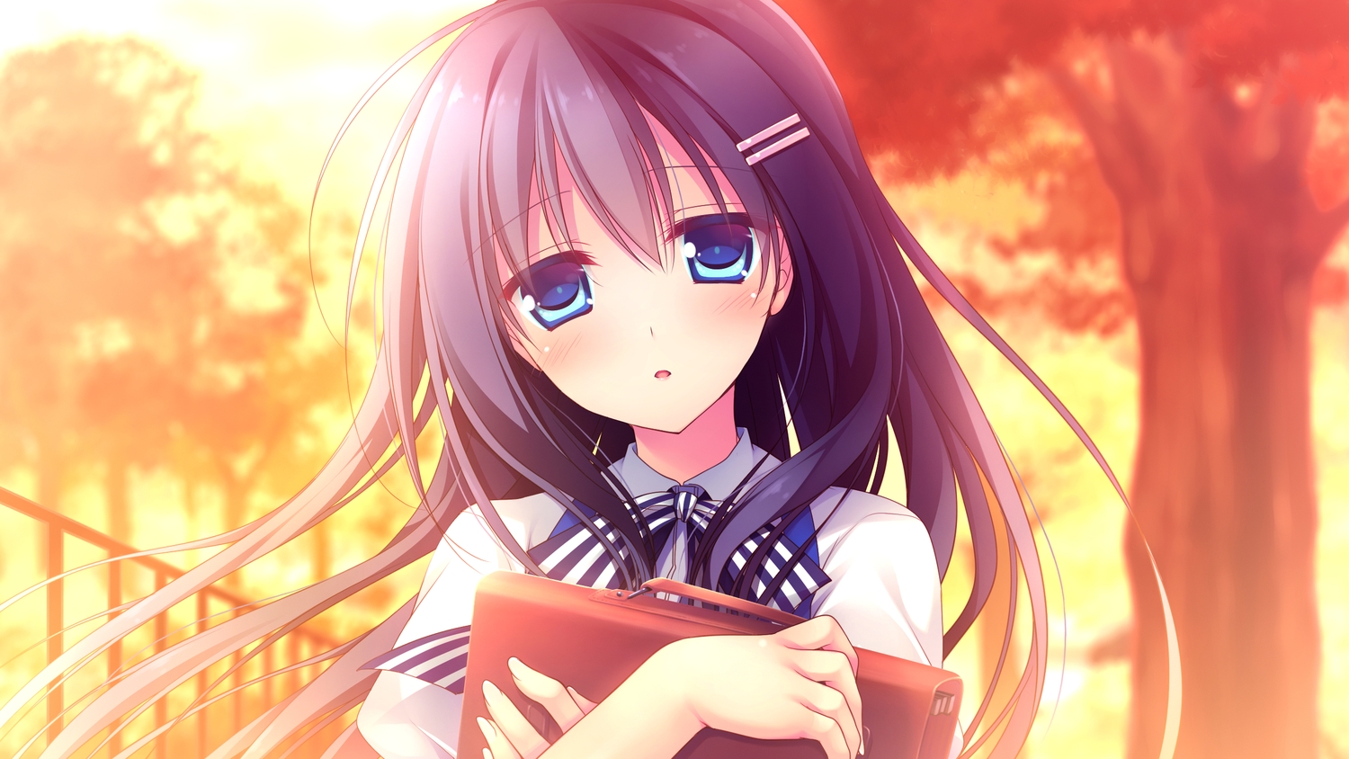 alcot, alcot_honey_comb, black_hair, blue_eyes, blush, bow, game_cg, hoshino_nagisa