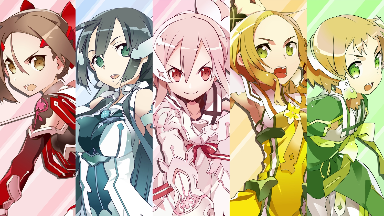 black_hair, bodysuit, brown_eyes, brown_hair, bunbun, dress, green_eyes, group