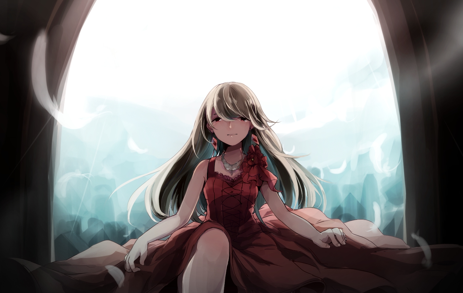 chizuru_(ambient), dress, feathers, gray_hair, long_hair, maika, red_eyes, vocaloid