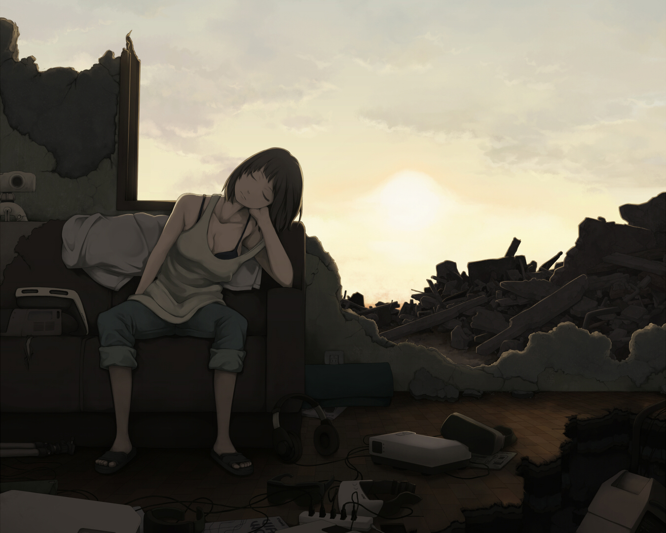 breasts, brown_hair, cleavage, clouds, cropped, headphones, original, ruins, sky, sleeping, yajirushi_(chanoma)