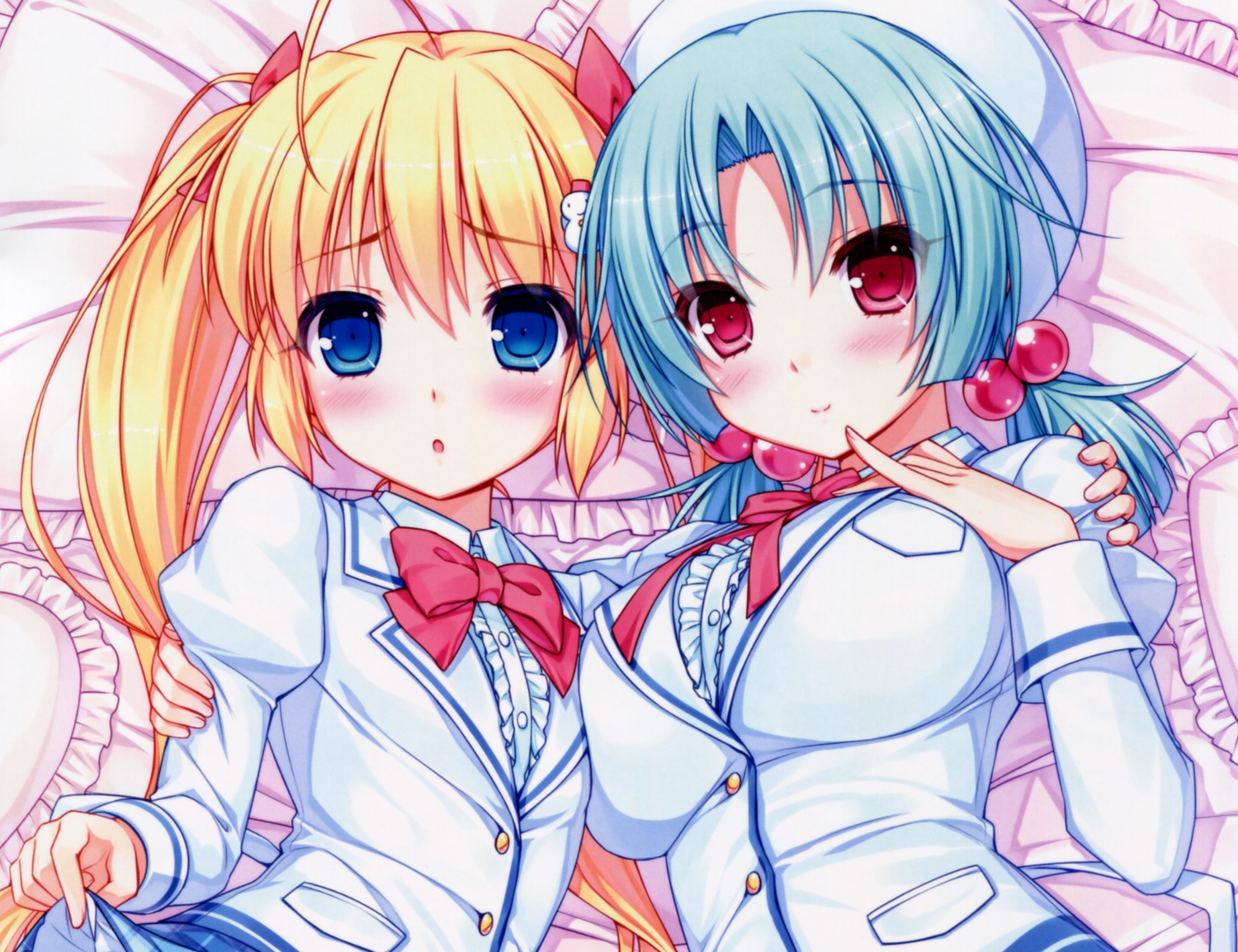 blonde_hair, blue_eyes, blue_hair, harumade_kururu, nitou_harumi, red_eyes, sayori, school_uniform, shiren_fuyune, twintails