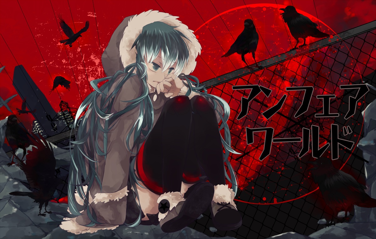 animal, aqua_eyes, aqua_hair, bird, hatsune_miku, long_hair, oluha, thighhighs