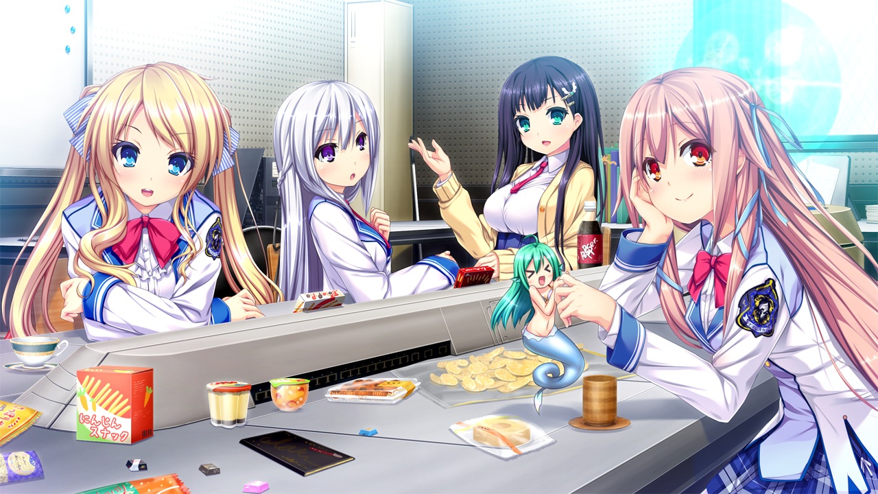 aqua_eyes, black_hair, blonde_hair, blue_eyes, bow, brown_hair, candy, chibi